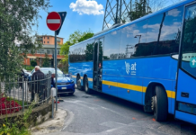 SCONTRO TRA AUTO E BUS. In frantumi la portiera. Tanto spavento, nessun ferito